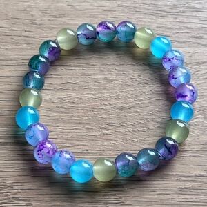 Handmade Playfully Colorful Blue, Green, & Purple Beaded Bracelet, Size 7”